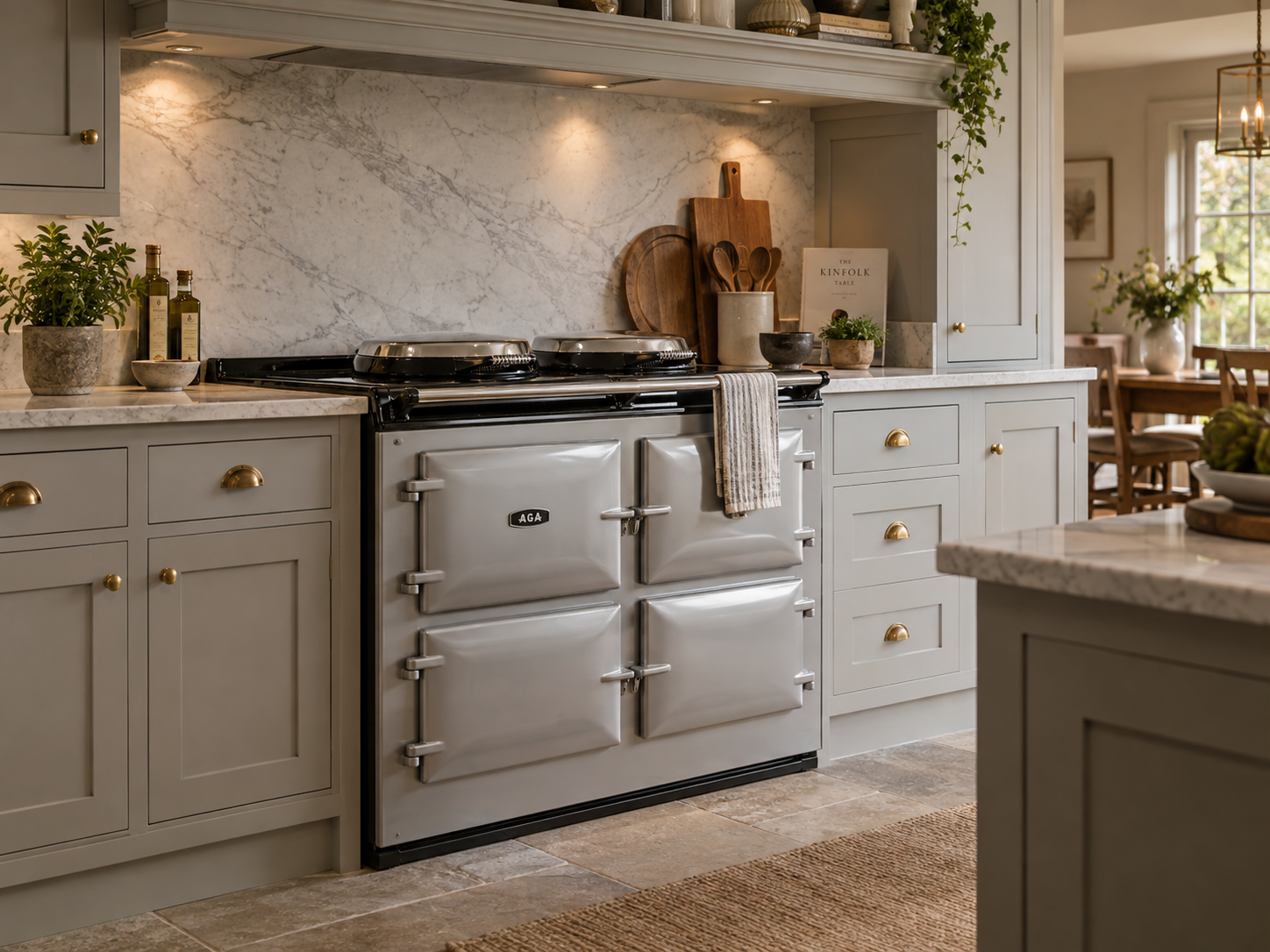 A vintage AGA stove in a kitchen with light gray cabinets, a marble countertop, and a mosaic tile floor. The stove has four compartments with rounded lids, a towel hanging on the handle, and is surrounded by decorative items including potted plants, cutting boards, and kitchen utensils. The background features a marble backsplash and a dining area with a wooden table and chairs visible through a window.