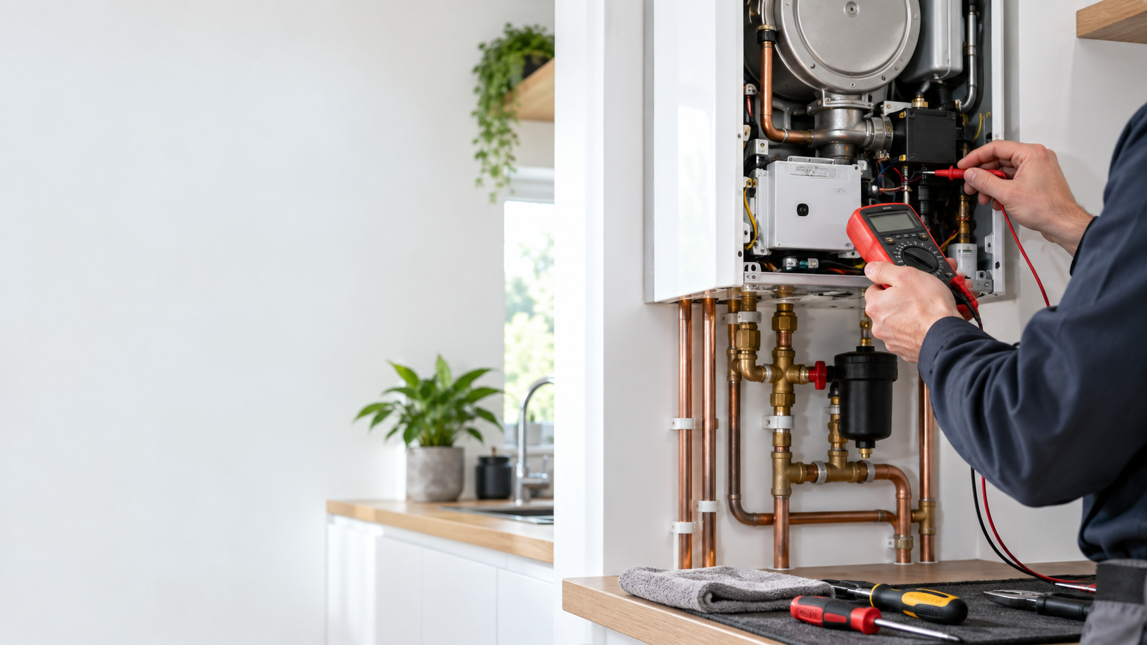 A technician working on a home heating system, using a multimeter to test electrical connections inside an open boiler with copper piping, tools placed on the work surface.