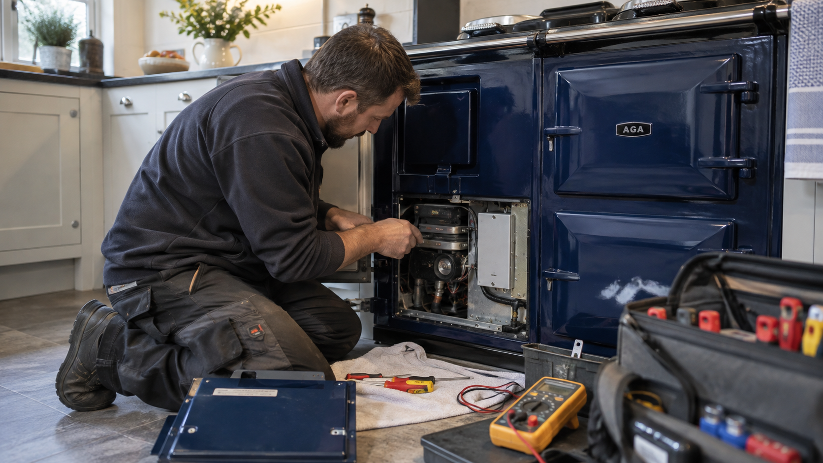Man repairing or maintaining a blue stove or oven in a kitchen, surrounded by tools and a toolbox.
