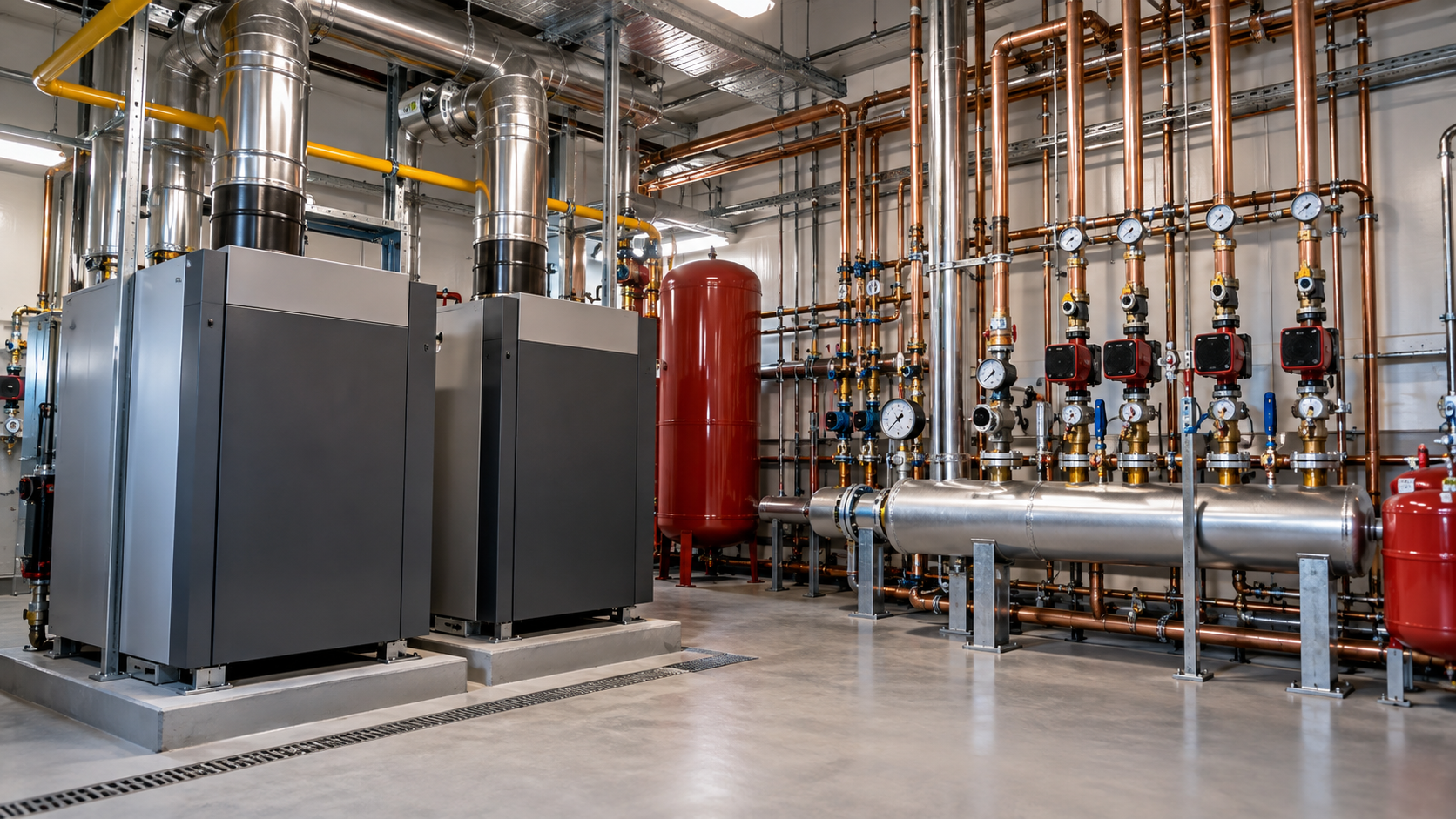 Industrial mechanical room with large machinery, pipes, gauges, and control units.