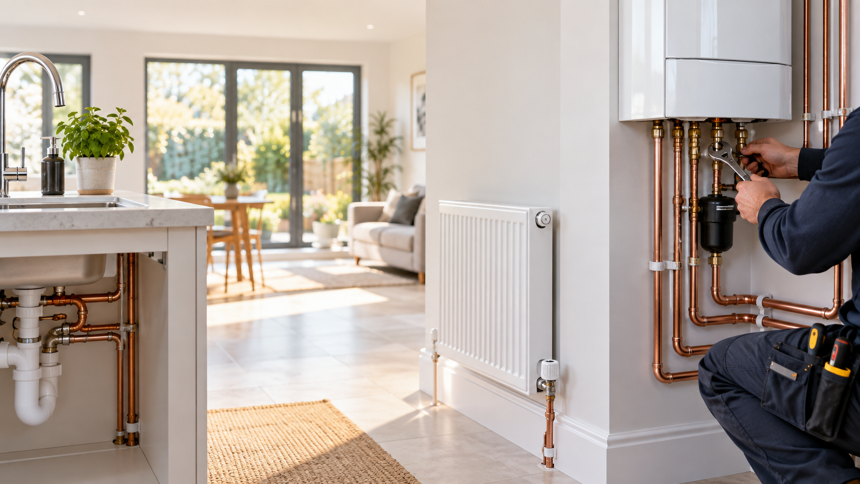 A plumber working on copper pipes near a radiator in a modern kitchen with sunlight, potted plants, and a living area in the background.