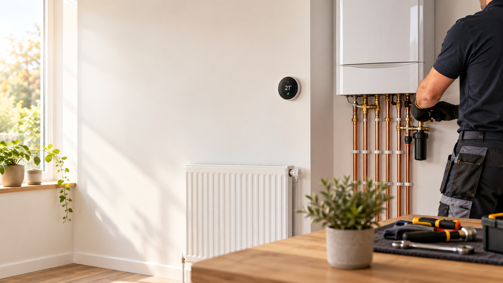 A person installing or repairing a heating or plumbing system in a home, with copper pipes and a boiler mounted on the wall. There are tools on the table in the foreground and a digital thermostat on the wall.