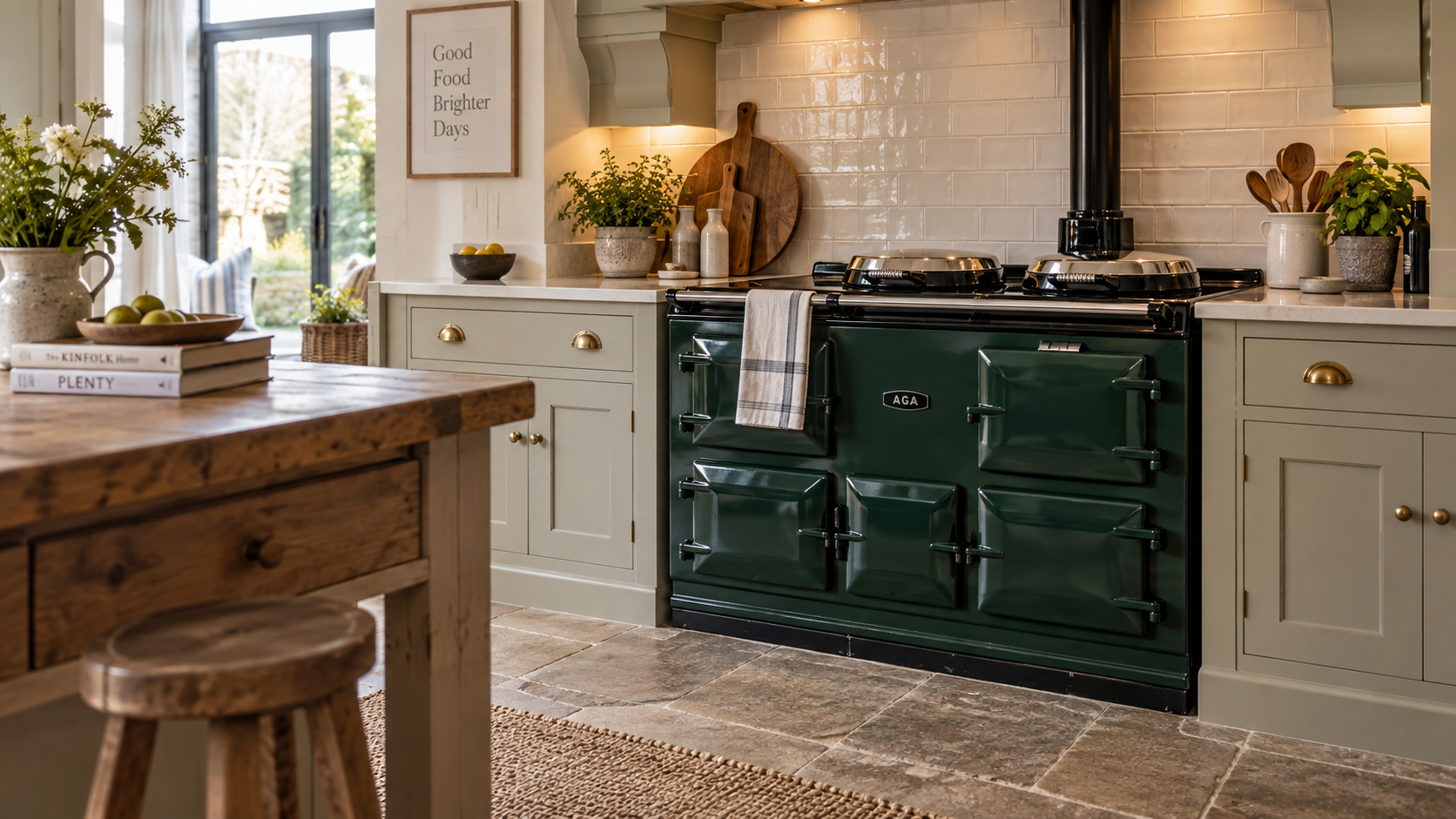 A cozy kitchen with a vintage green Aga stove, beige cabinets with gold hardware, and a white tiled backsplash. The countertop holds kitchen utensils, potted plants, and decorative items. There is a wooden table in the foreground with books and a bowl of apples, and a sliding door leading outside to a garden with trees and outdoor seating.