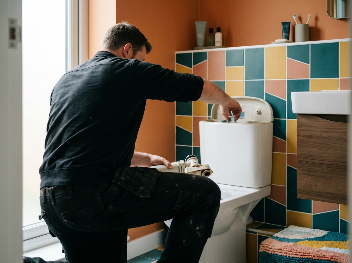 A man repairing or installing a toilet in a bathroom with colorful tiled walls.