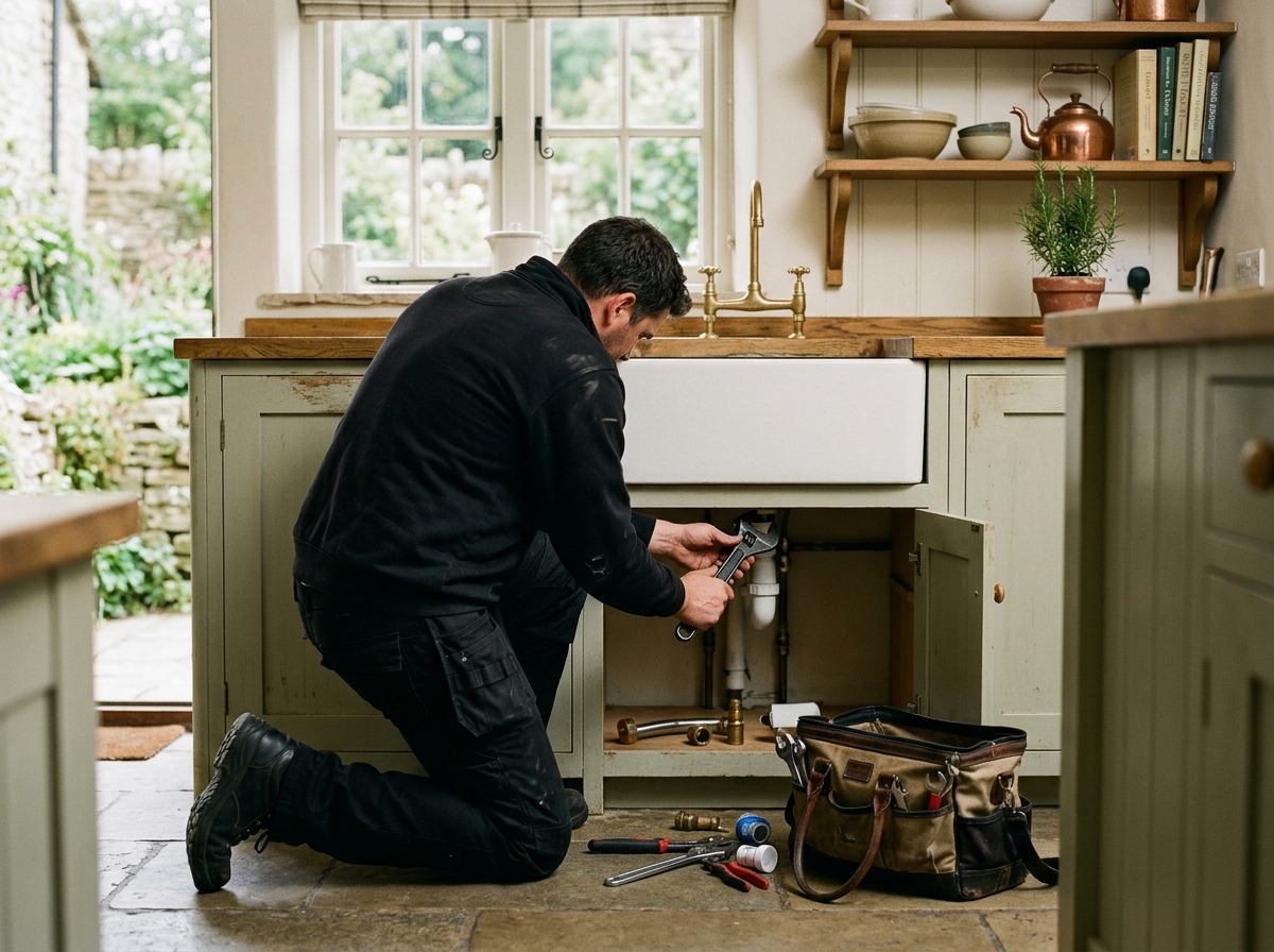 A man kneeling on the floor of a kitchen working on plumbing under the sink with tools and a bag nearby.