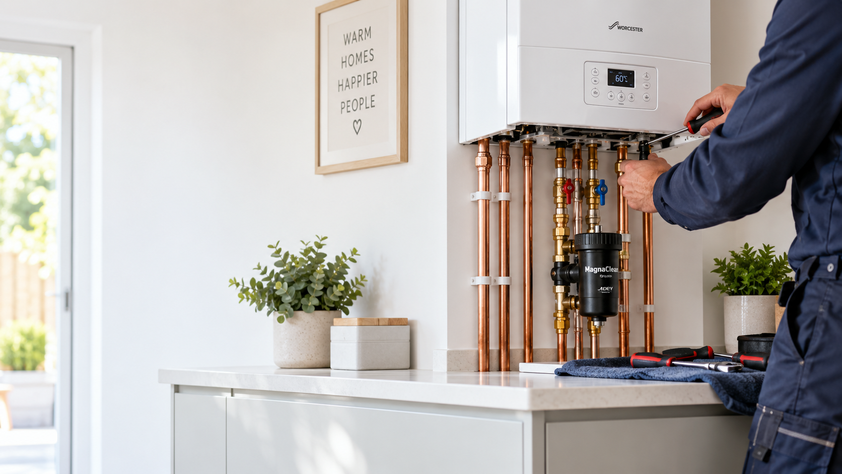 A person repairing a white Worcester boiler with copper pipes on countertop in a bright home interior, with decorative plants and a framed quote on the wall reading 'Warm homes happier people'.
