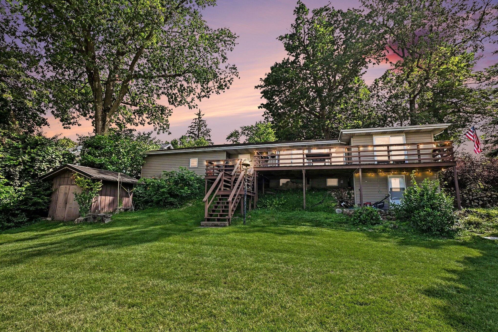 Lakeside exterior and deck at 669 Waverly Road on Pine Lake in La Porte, Indiana