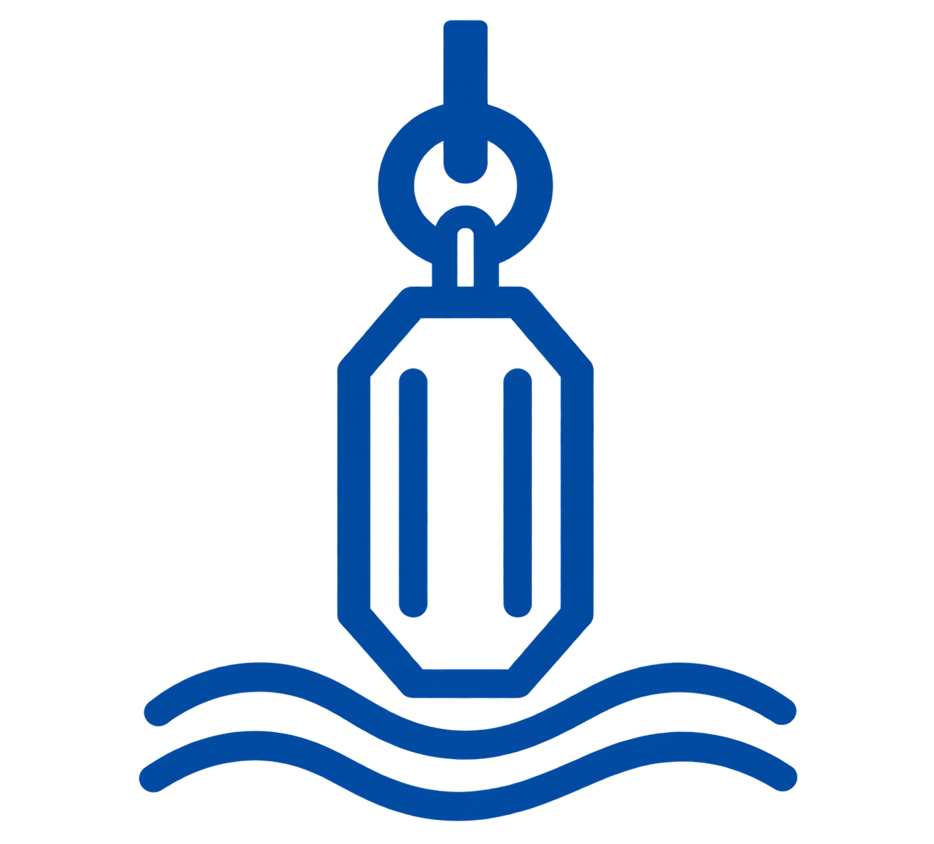 Line drawing of a lighthouse on water with waves, set against a background of a blue sky.