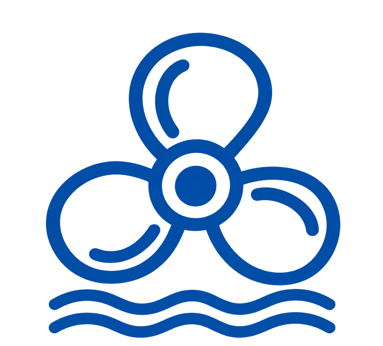 Line drawing of three people with a circle in the middle, above water with waves, in blue outline.
