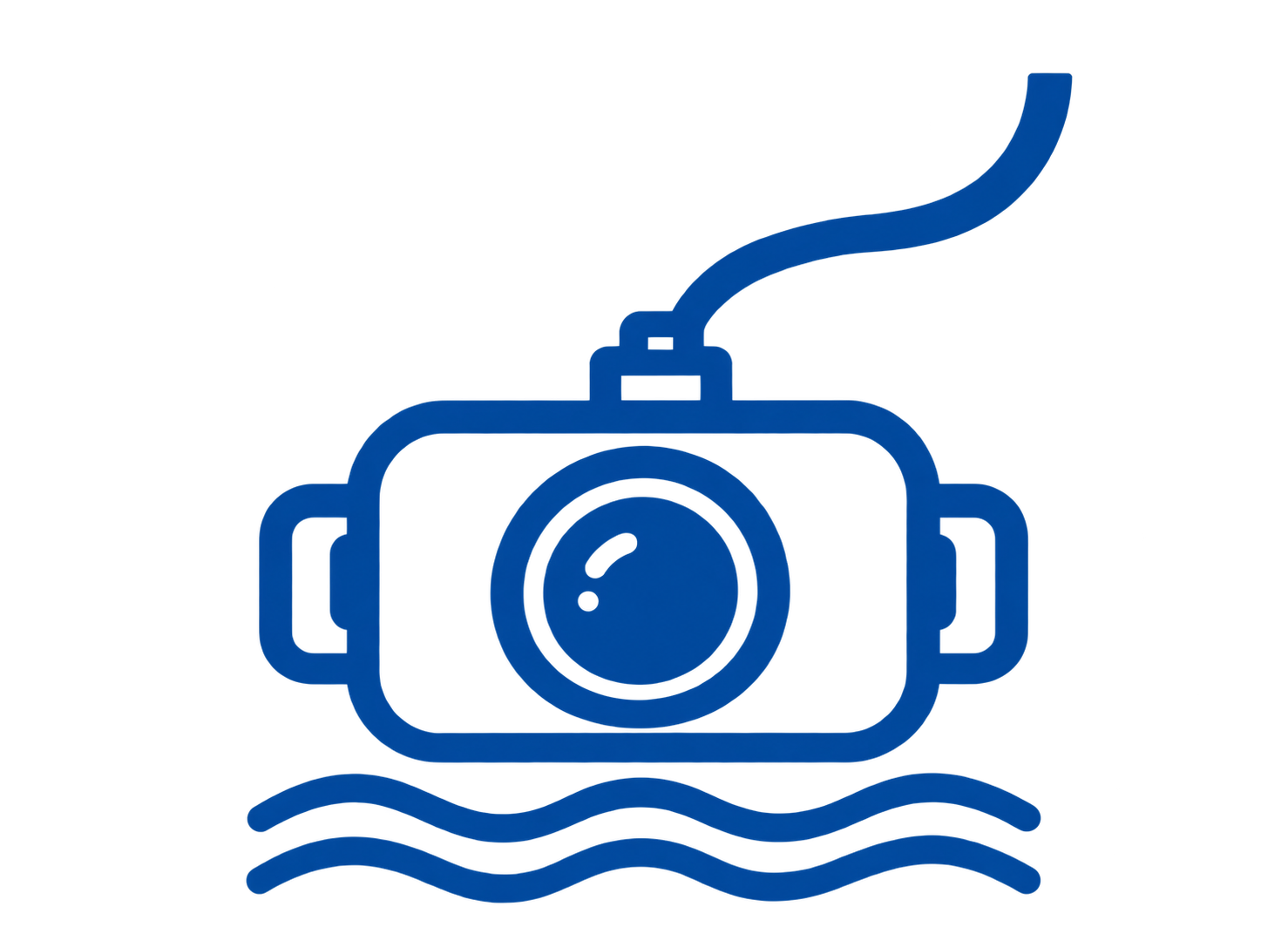 Blue icon of a camera with a submarine periscope, floating on water.
