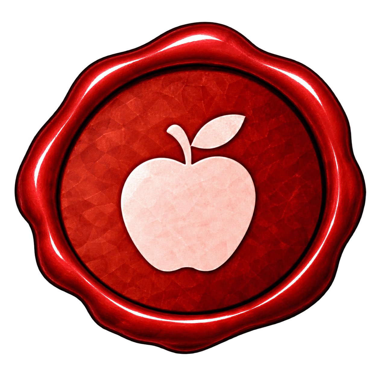 A red wax seal with a white apple logo in the center.
