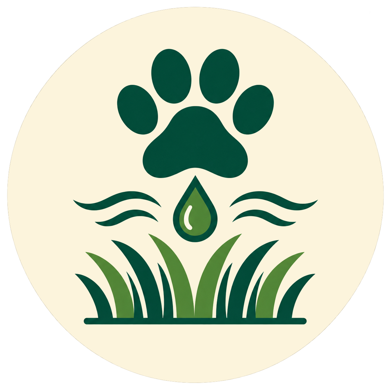 Pet Turf Deep Clean icon with paw print and droplet of cleaning or deodorizing solution over artificial turf.