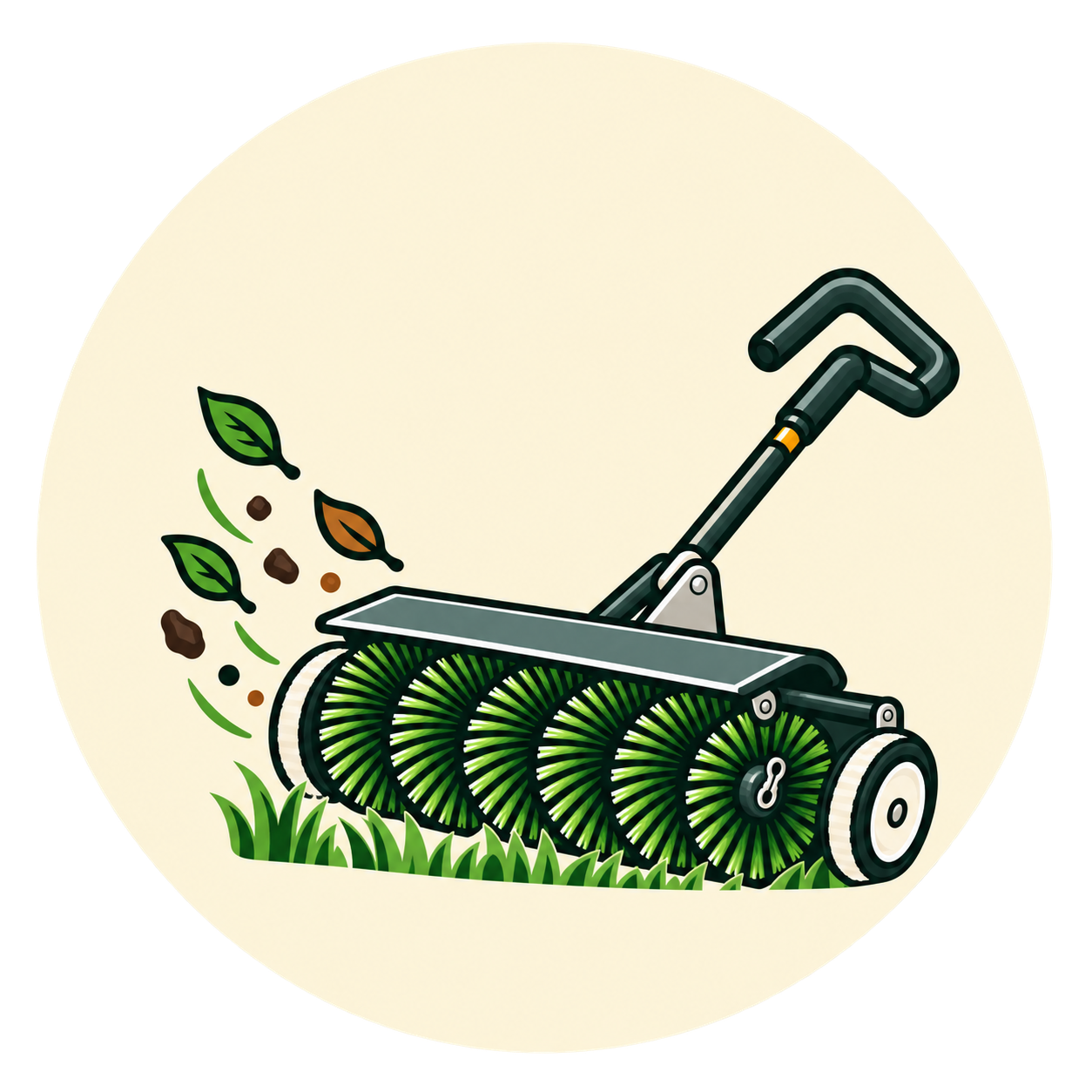 Icon showing a power brush used to work in cleaning and deodorizing treatments applied to artificial turf and to agitate matted pet hair, leaves and debris resulting in a lifted and revitalized artificial turf appearance.