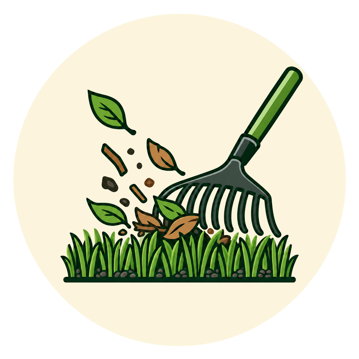 Icon showing raking of leaves and debris from artificial turf to prepare for cleaning and grooming. Our process utilizes an artificial turf sweeper like a lawn mower without a blade.