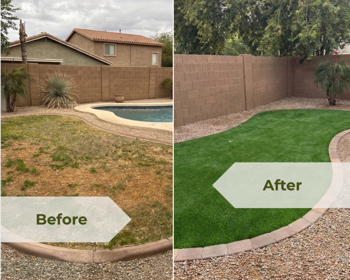 Before and after picture showing the Before with the spotty and brown grass area and the After with the installed lush, green artificial turf.