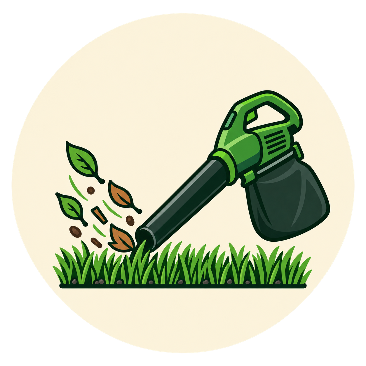 Icon showing leave blower and vacuum to represent removal of debris after cleaning, deodorizing and power grooming treatments.