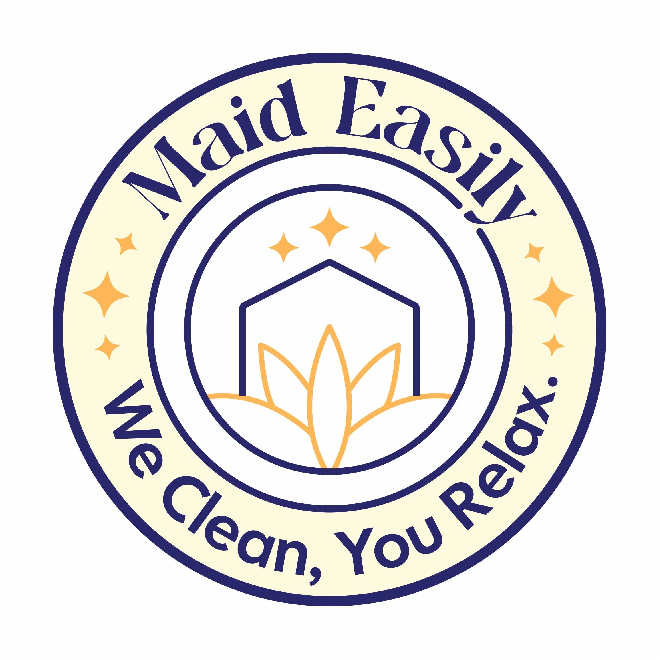 The logo has a yellow and navy blue color scheme with decorative stars and a stylized flower in the center.