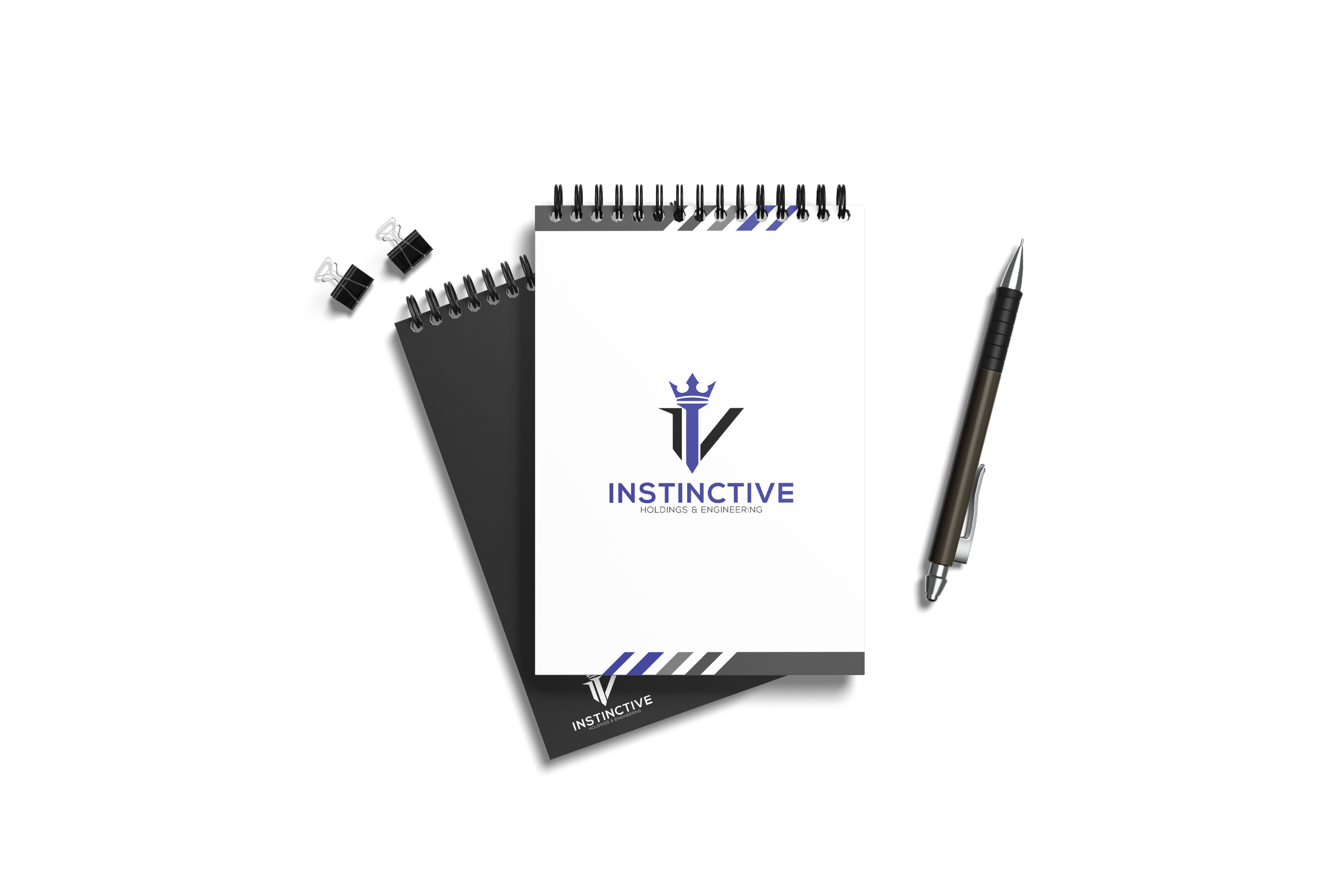 Black and white spiral notepad labeled 'Instinctive Holdings & Engineering' with a pen and two black paper clips on a black background.