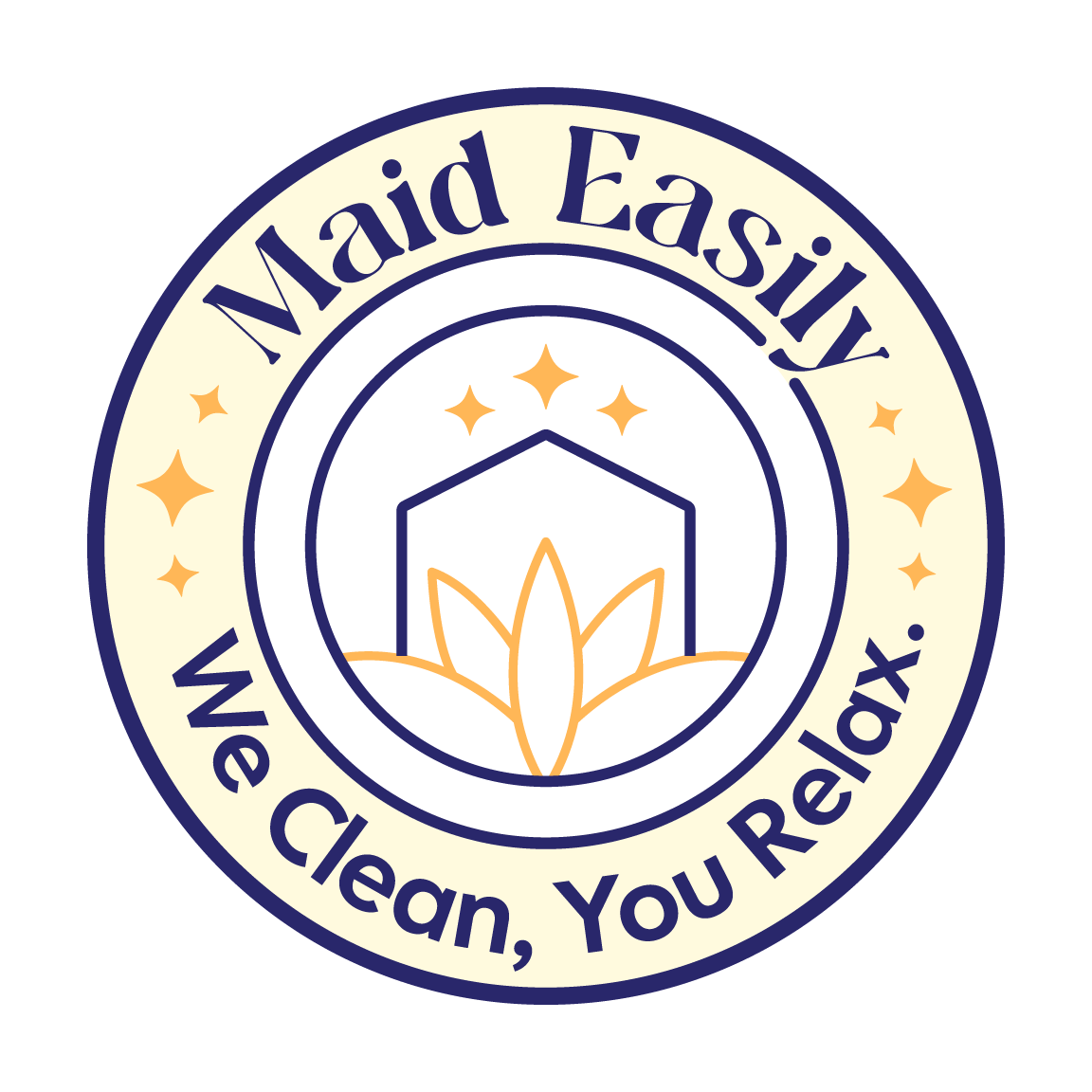 A circular logo with the text 'Maid Easy' at the top and 'We Clean, You Relax' at the bottom. The center features a house outline with a stylized lotus flower and three stars above.