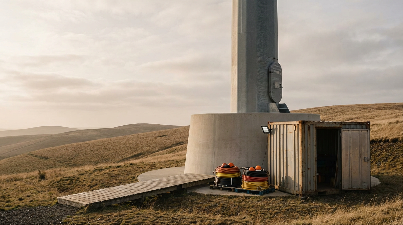 A tall wind turbine with a maintenance shelter and equipment surrounded by grassy hills under a cloudy sky.
