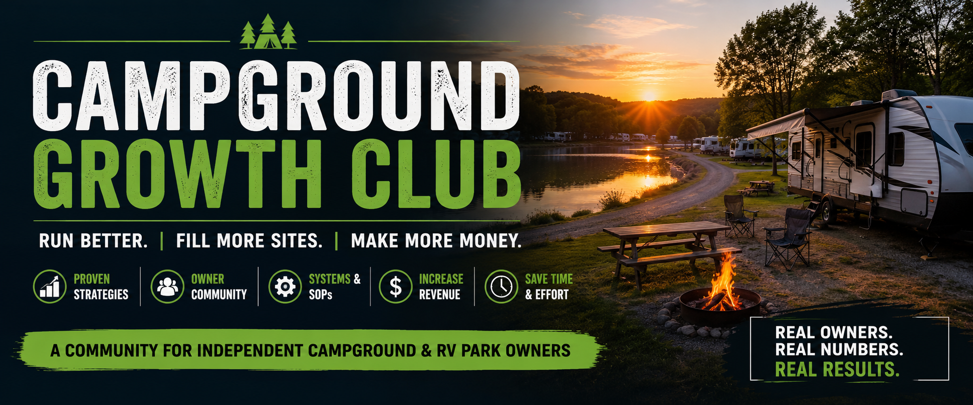 Campground Growth Club. Run better. Fill more sites. Make more money. A community for independent campground and RV park owners. Sunset campground artwork with an RV beside a lake.