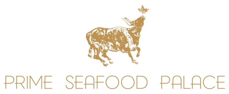 Gold logo of a lion with a fish tail above the text 'Prime Seafood Palace' in gold lettering.