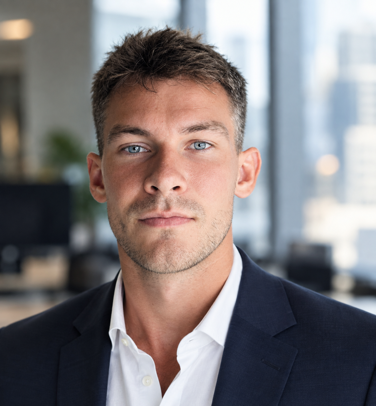 A young man with blue eyes, short brown hair, and light facial hair, wearing a suit jacket and white shirt, in an office setting.