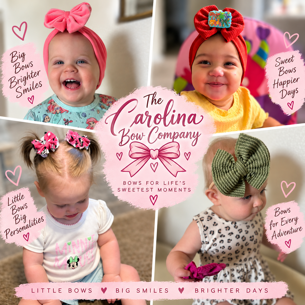 Collage of four children each wearing colorful bows on their heads, with text promoting a bow company and its slogan, "Bows for life's sweetest moments."