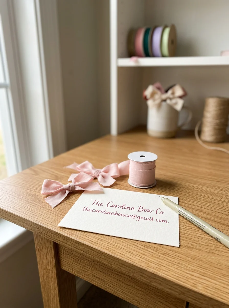 Pink bows, a spool of pink ribbon, a pen, and a business card for The Carolina Bow Co on a wooden table near a window.