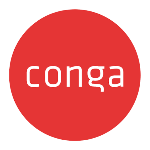 Red circular button with black text that reads "conga".