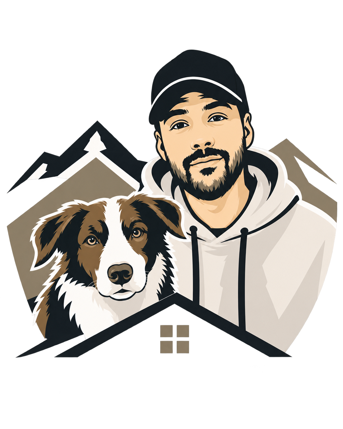 Illustration of a man wearing a black cap and hoodie, with a beard and mustache, standing next to a Border Collie dog, with mountains in the background.