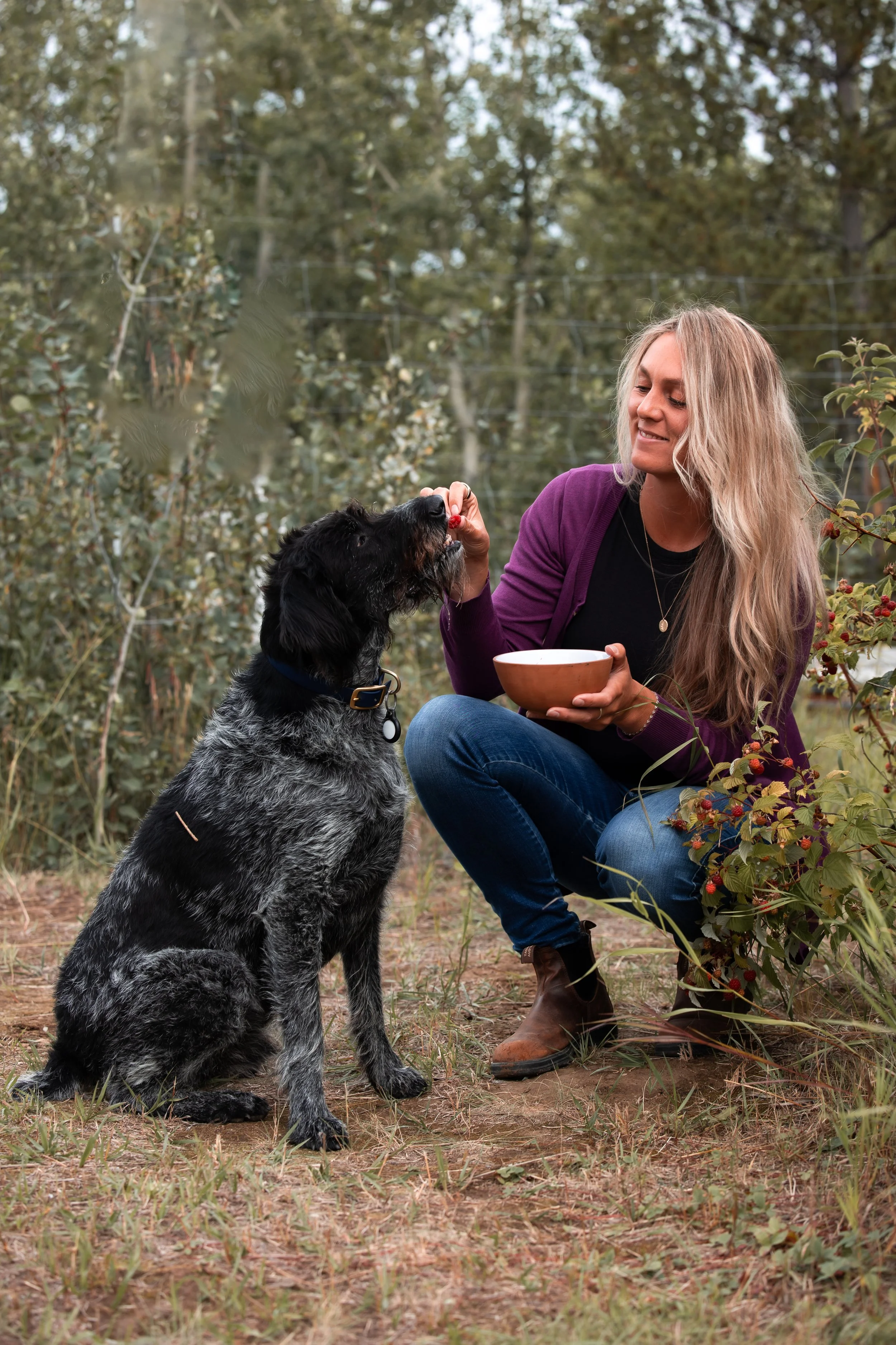 Woman with long blonde hair feeding black and gray dog in outdoor setting with trees and bushes.