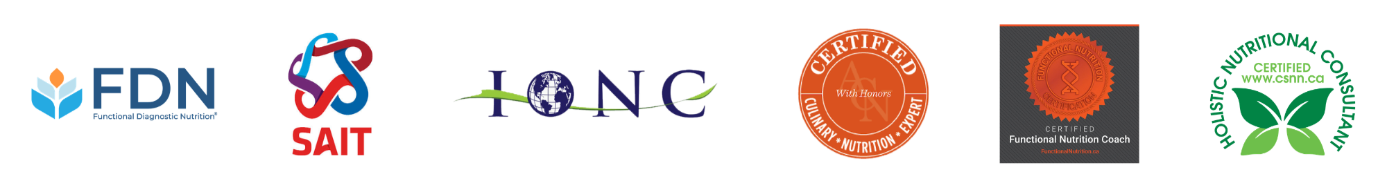 A collage of logos and certifications related to nutrition and dietetics including FDN, SAI, TNC, a 'Certified with Honors' badge, a certified functional nutrition coach badge, and a green logo with a leaf and global map.