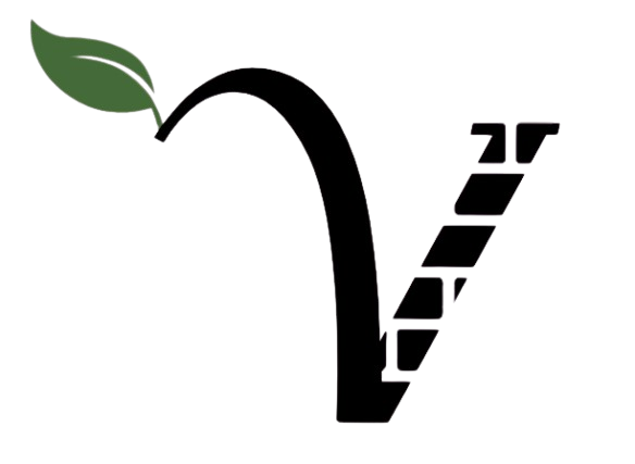 A stylized logo of a house with a green leaf on the left side, a black roof, and a black chimney against a black background.