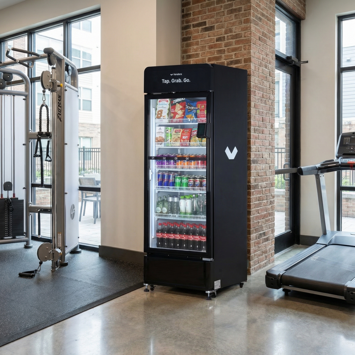 A vending machine in Dayton, Ohio filled with snacks and beverages next to gym exercise equipment and treadmill in a modern fitness center.