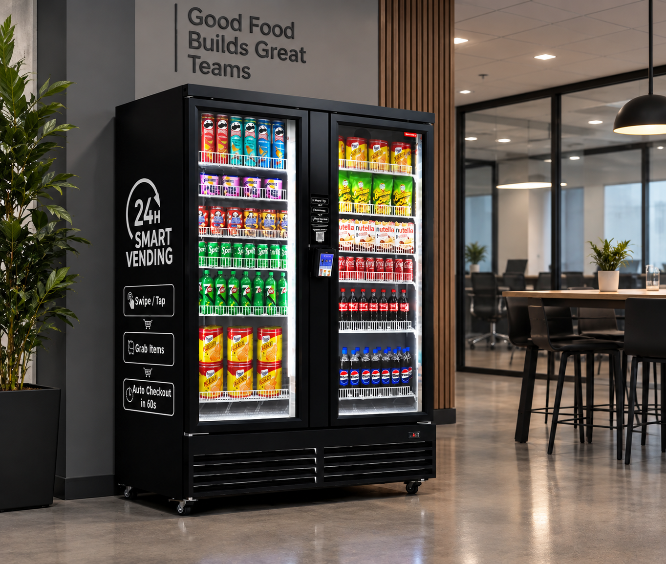 A vending machine in an office in Dayton, Ohio with various snacks and drinks, located next to a small plant, with a sign on the wall displaying a motivational message about teamwork.