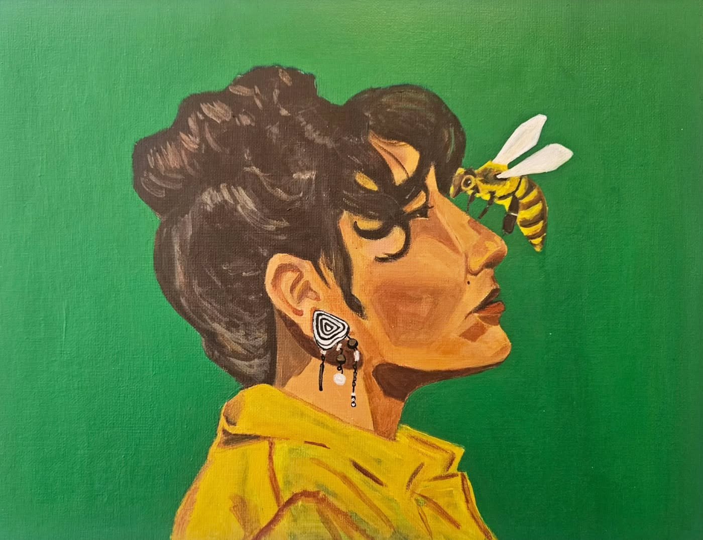 Go, and pollinate the world 🐝 26'
Acrylic on canvas panel

Back in 22', after deciding to go back to school, a friend of mine handed me a bee she had made out sparkling stems. With it, a note that read "Go, and pollinate the world." 

I ma