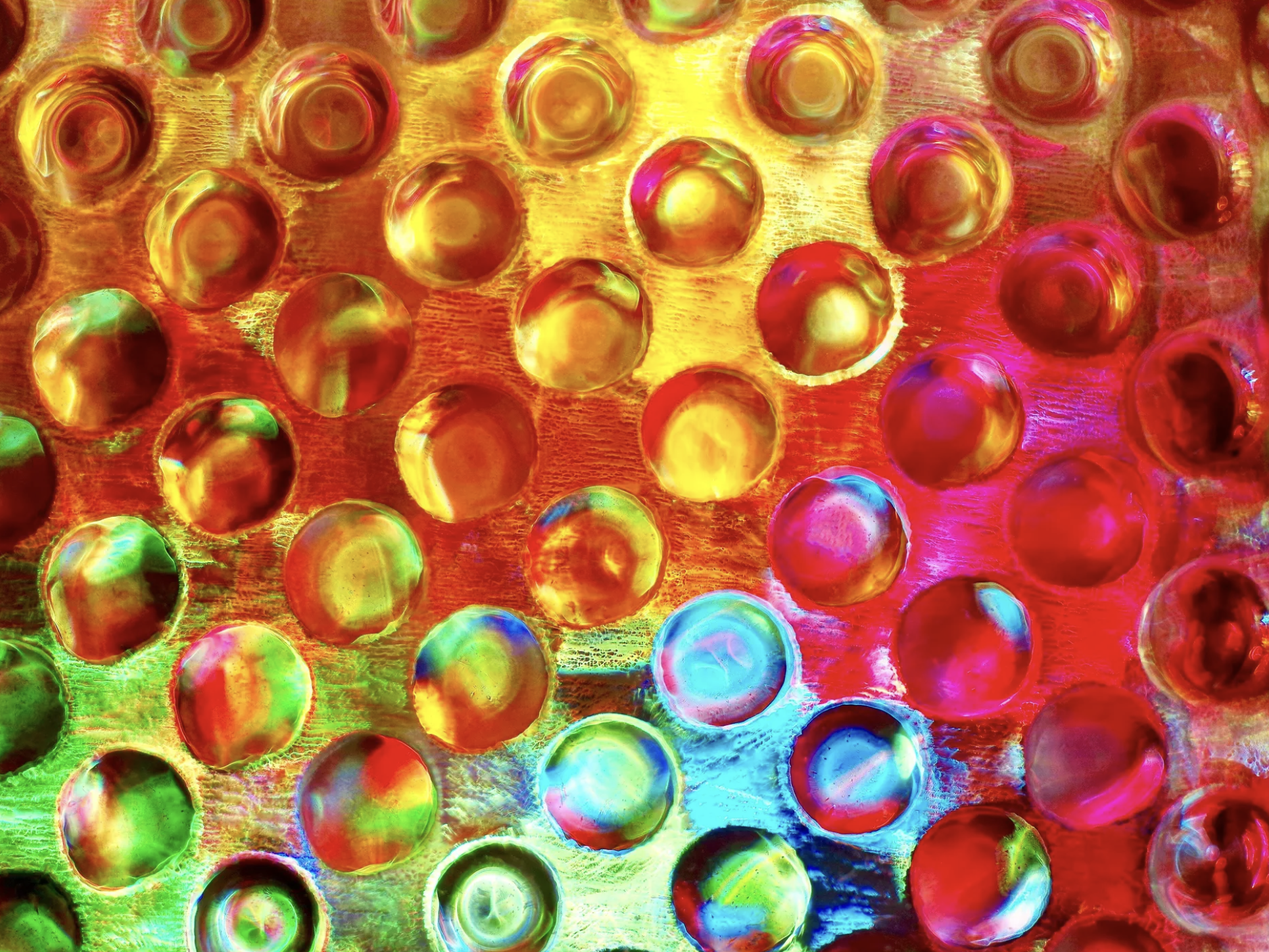 Close-up of colorful gel or liquid-filled capsules arranged in rows with vibrant yellow, orange, pink, and green hues.
