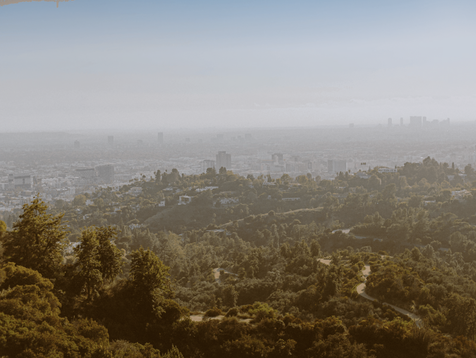 A panoramic view of a city from a hillside, showing a mix of trees and buildings in the foreground and a distant cityscape with high-rise buildings in the background, hazy and partially obscured by smog.