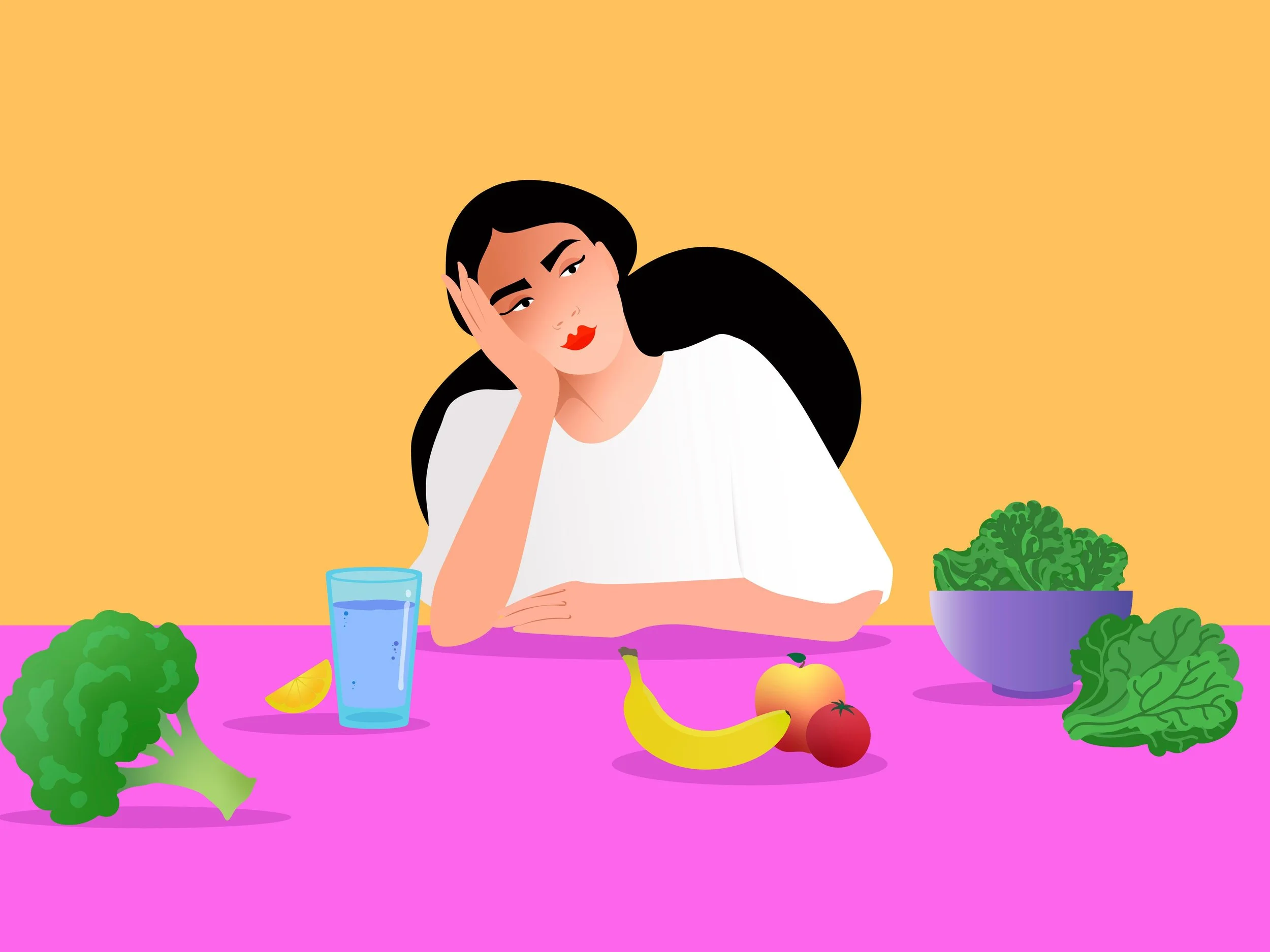 Illustration of a woman with dark hair and red lipstick resting her face on her hand at a colorful table with various vegetables, fruits, a glass of water, and a bowl of greens, with a yellow background.