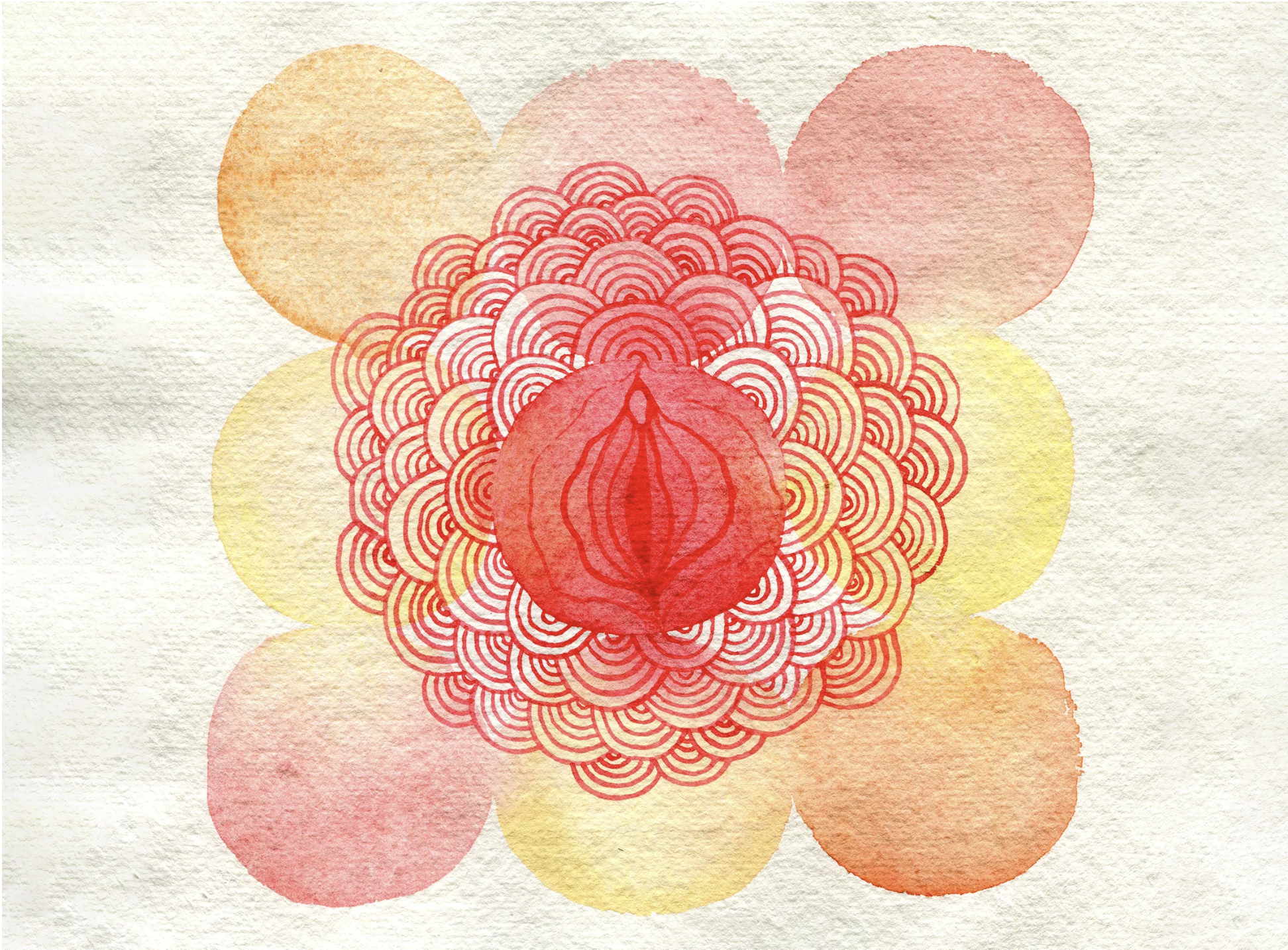 Watercolor painting of a stylized flower with petals in shades of red, orange, yellow, and pink.