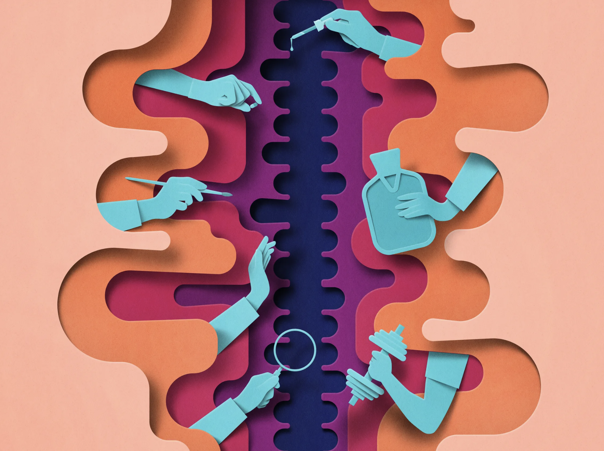 Illustration of various medical and scientific hands holding medical tools and devices, arranged within cut-out shapes on a colorful background.
