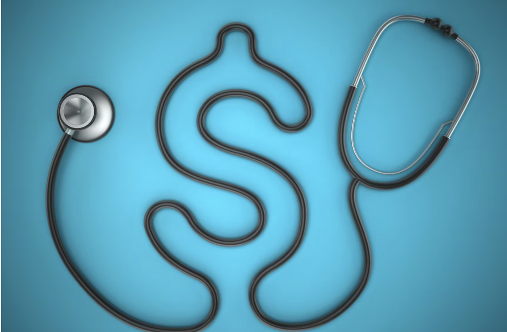 A stethoscope with its tubing shaped like a dollar sign on a blue background.