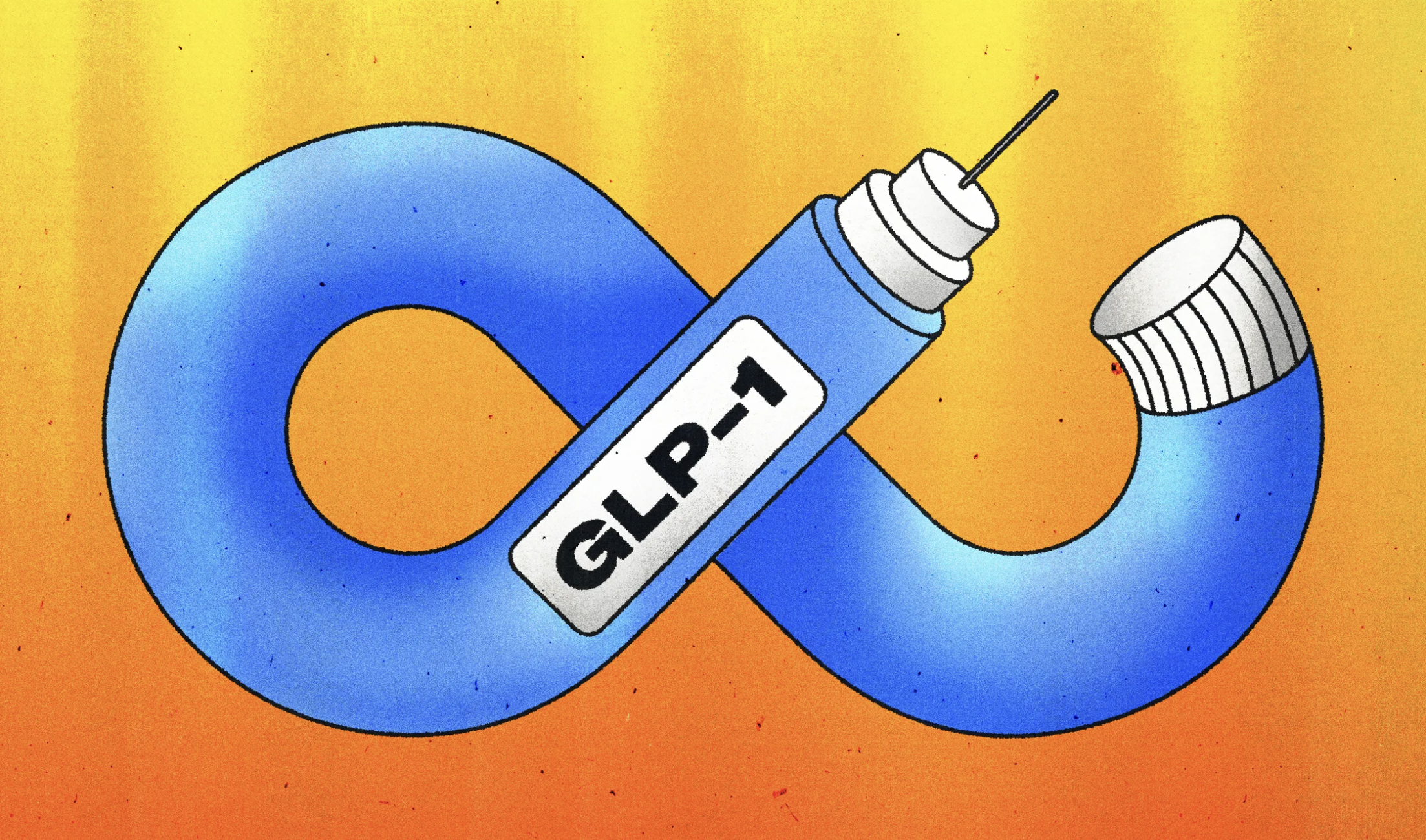 A cartoon illustration of a blue, flexible tube of glue with a white label that has the word 'GLUE' in bold black letters. The tube is bent into a loop and has a small nozzle at the top. The background is orange with a yellow gradient.
