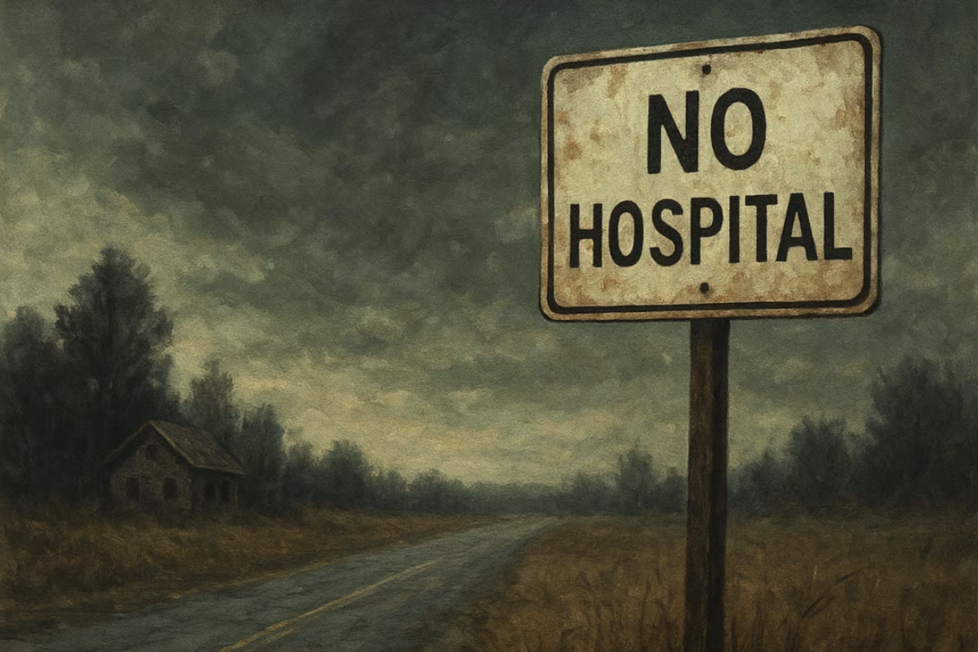 A weathered sign reading 'No Hospital' stands on a rural road with a desolate landscape and cloudy sky in the background.