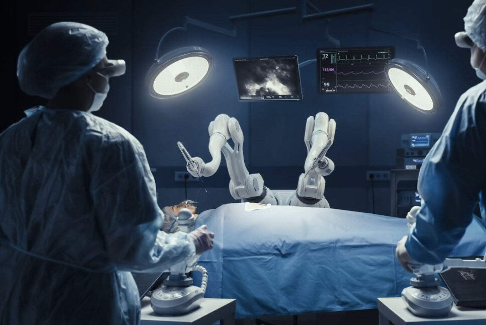 Robotic surgical team operating on patient in an advanced operating room with monitors and medical equipment.