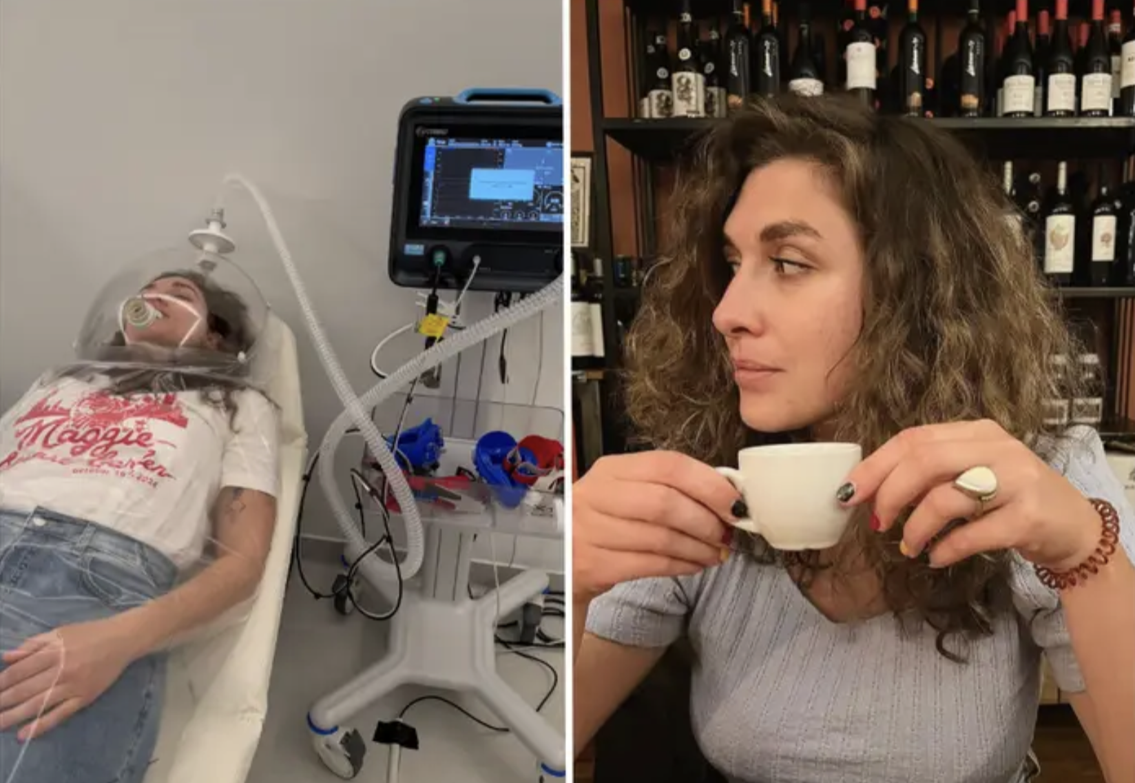 Split image showing a woman in a hospital bed with a ventilator on the left and a woman drinking coffee in a café on the right.