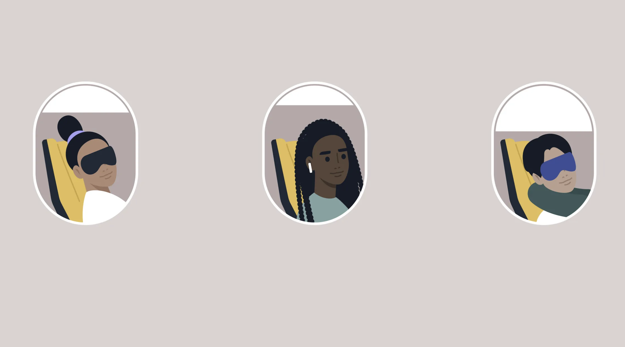 Three animated people sitting in airplane windows, two wearing sleep masks and one listening to earbuds.