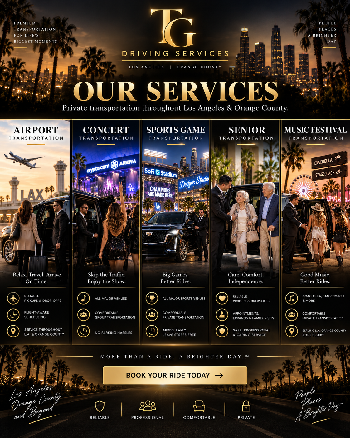 An advertisement for a driving services company in Los Angeles and Orange County, featuring various transportation options for airport, concerts, sports games, seniors, and festivals, with city skyline background at sunset.