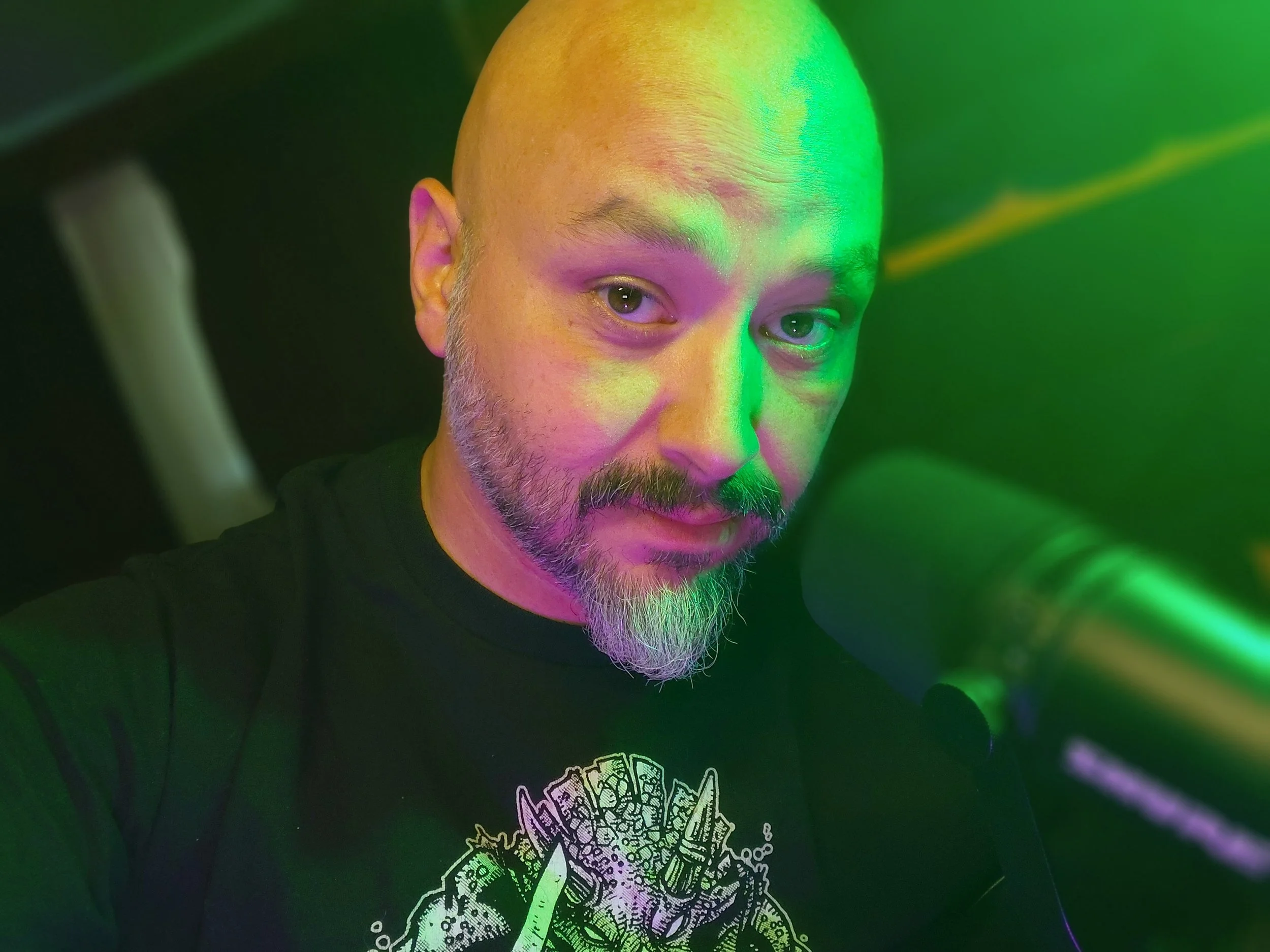 Narrator Steve Van Samson with microphone
